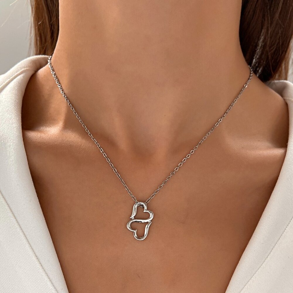 3/$35 Double Heart Shape Silver Pendant Chain Necklace Love Jewelry Gifts